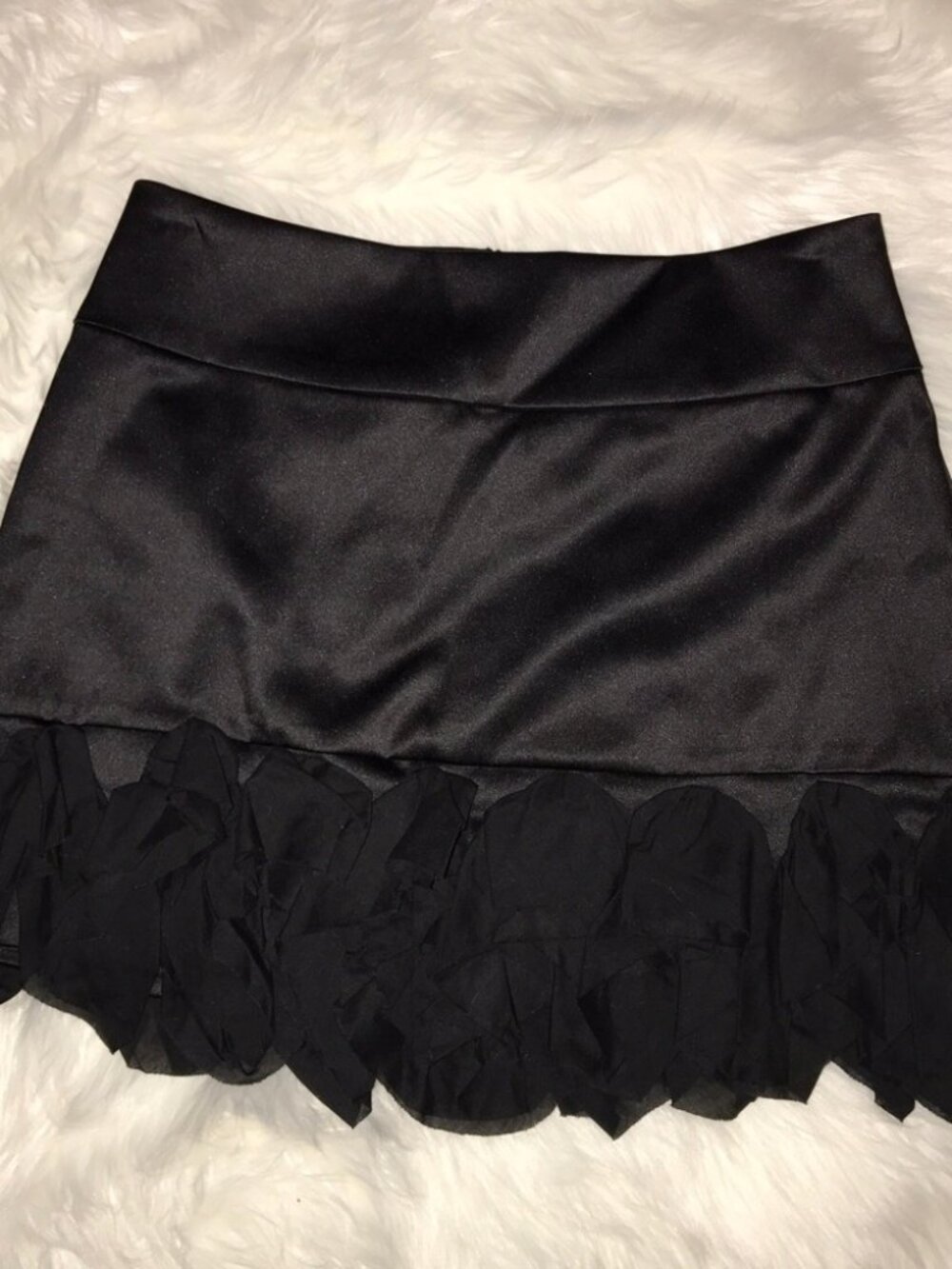 Express black satin skirt with rosette ruffle trim EUC 2